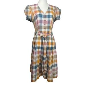 Gal Meets Glam Poppy Plaid Dress US 2 Pink Yellow Blue Linen Belted Midi Cottage